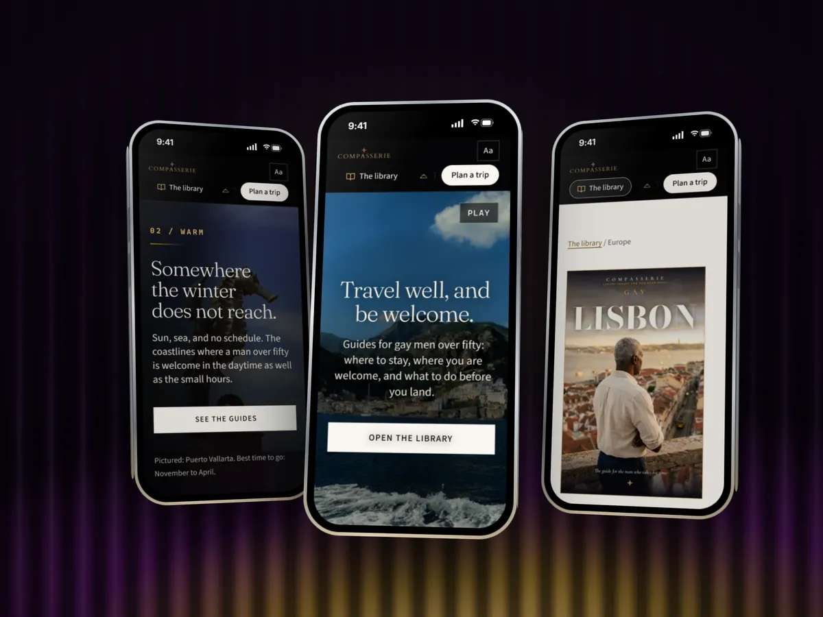 Compasserie on three phones: a warm-weather journey, the home page and the Lisbon guide