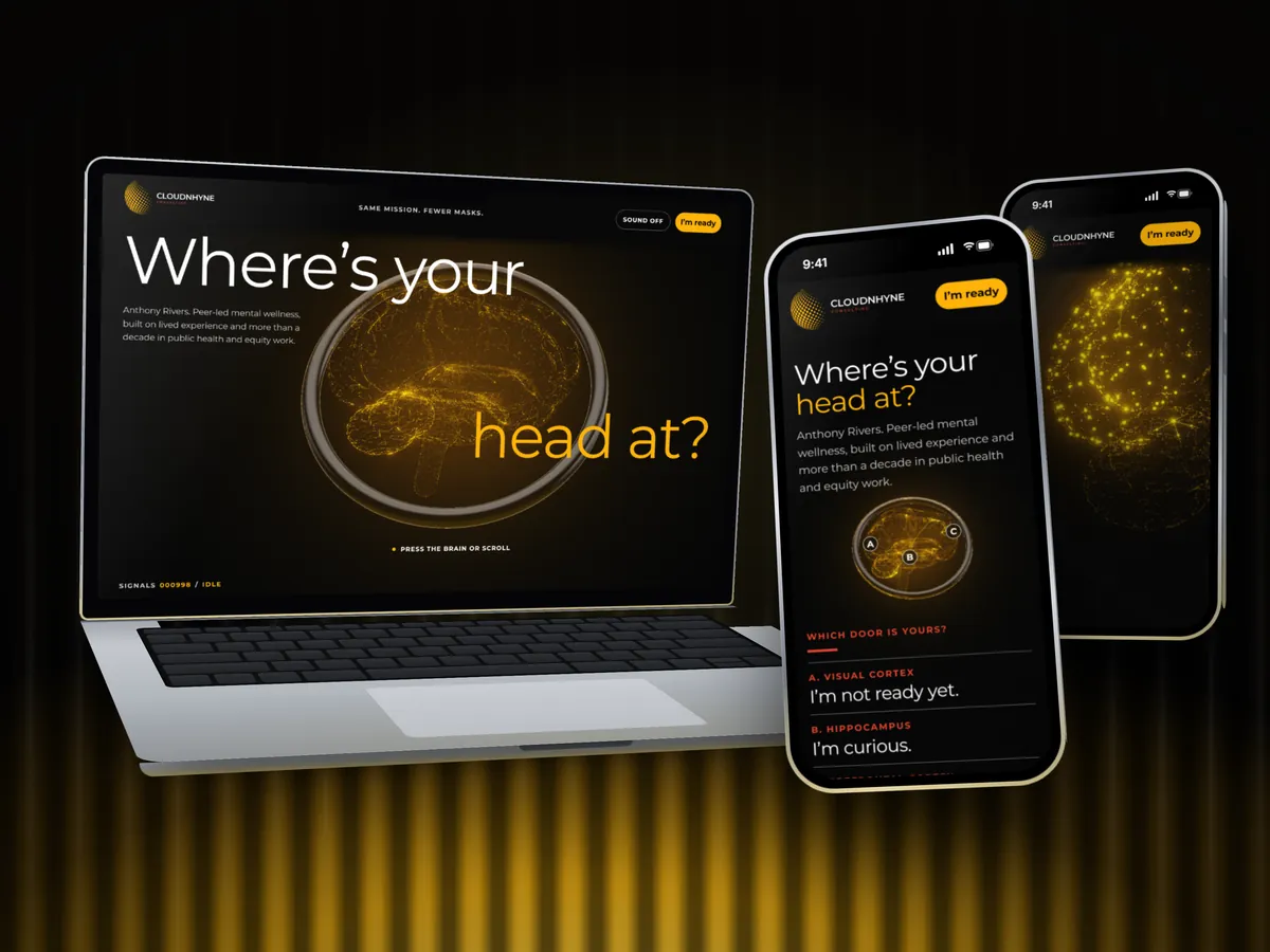Cloudnhyne Consulting on a laptop and two phones: the interactive brain home page and its three doors