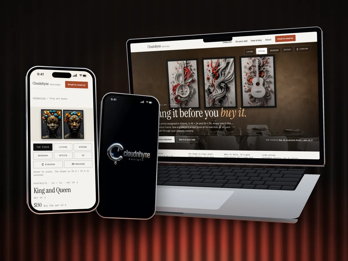 Cloudnhyne Designz on a laptop and two phones: the gallery home page, the King and Queen print and the Cloudnhyne Designz logo