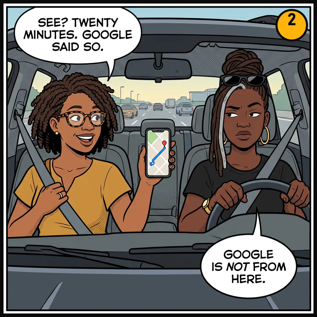 Panel 2: in the car, Tasha holds up her phone; Denise says Google is not from here