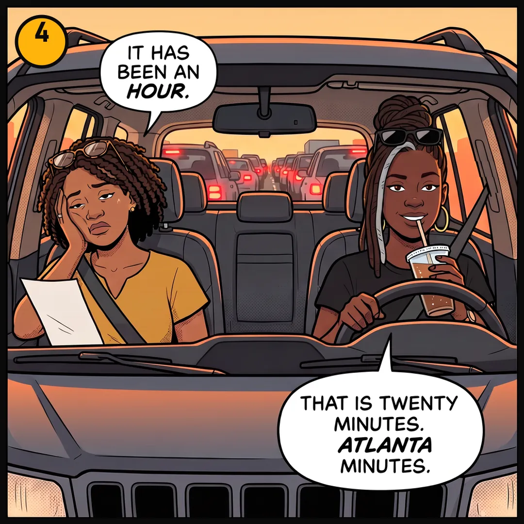 Panel 4: an hour later, still in traffic, Denise says that is twenty Atlanta minutes