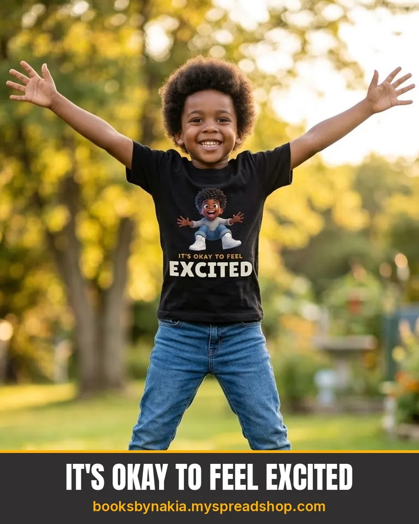 A boy leaping with his arms wide in an EXCITED character tee, under the line It's okay to feel excited