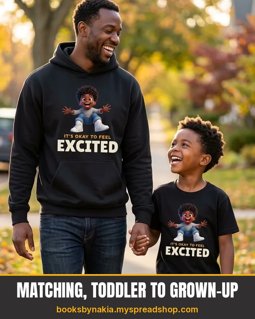 A father and son walking in matching EXCITED hoodie and tee, under the line Matching, toddler to grown-up