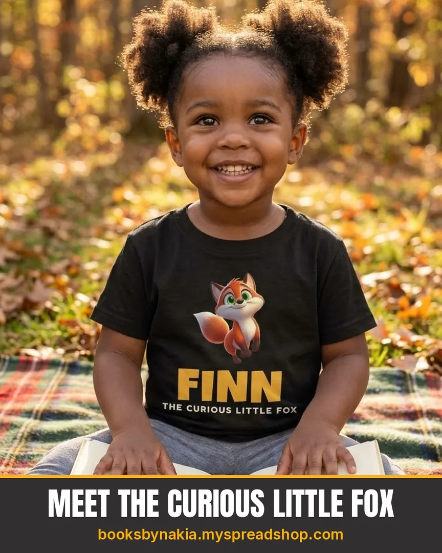 A smiling girl on a picnic blanket in a black Finn the fox tee, under the line Meet the curious little fox
