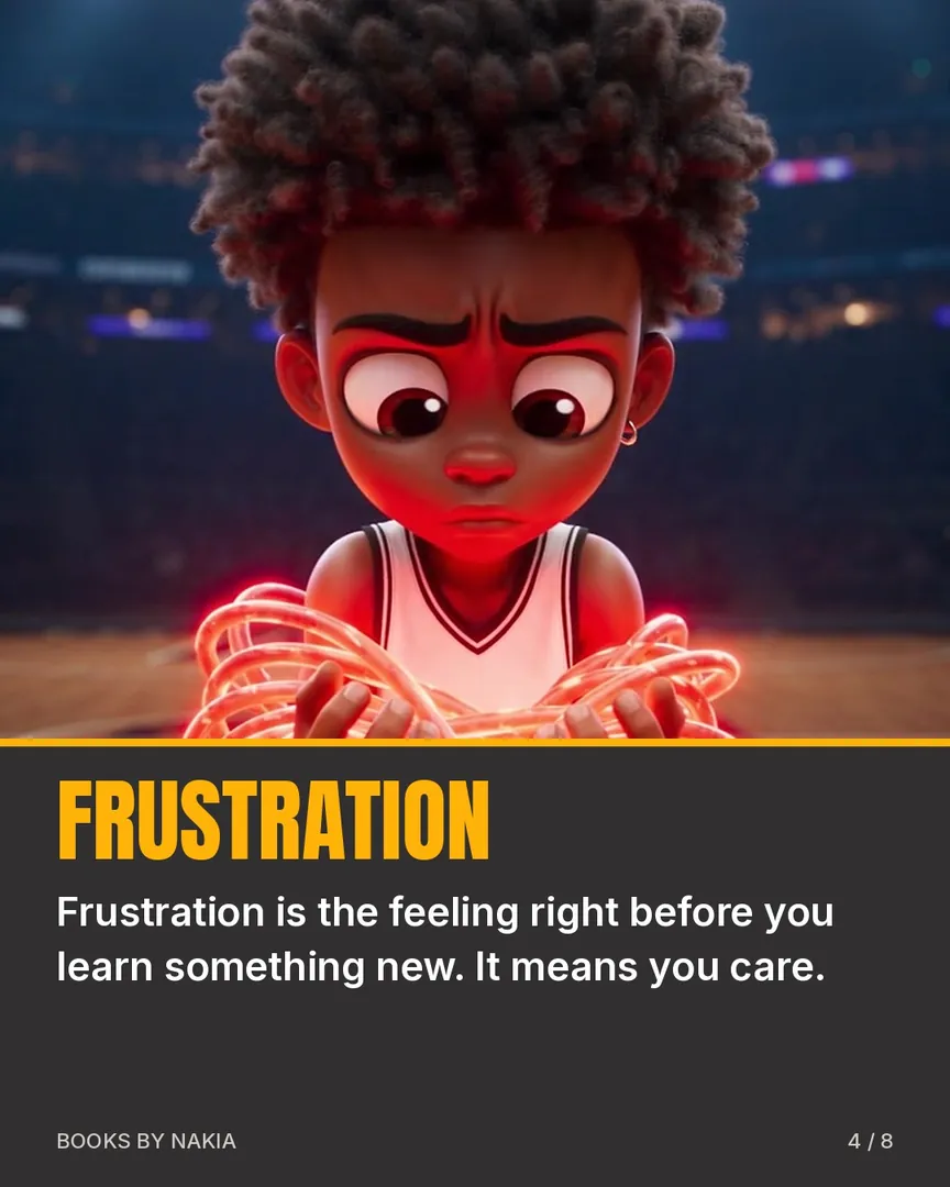 Frustration: a boy glowing red with frustration, and one sentence about learning something new