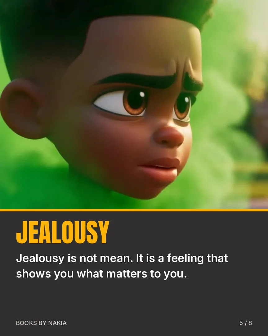 Jealousy: a boy lit in green, and one sentence about what jealousy shows you