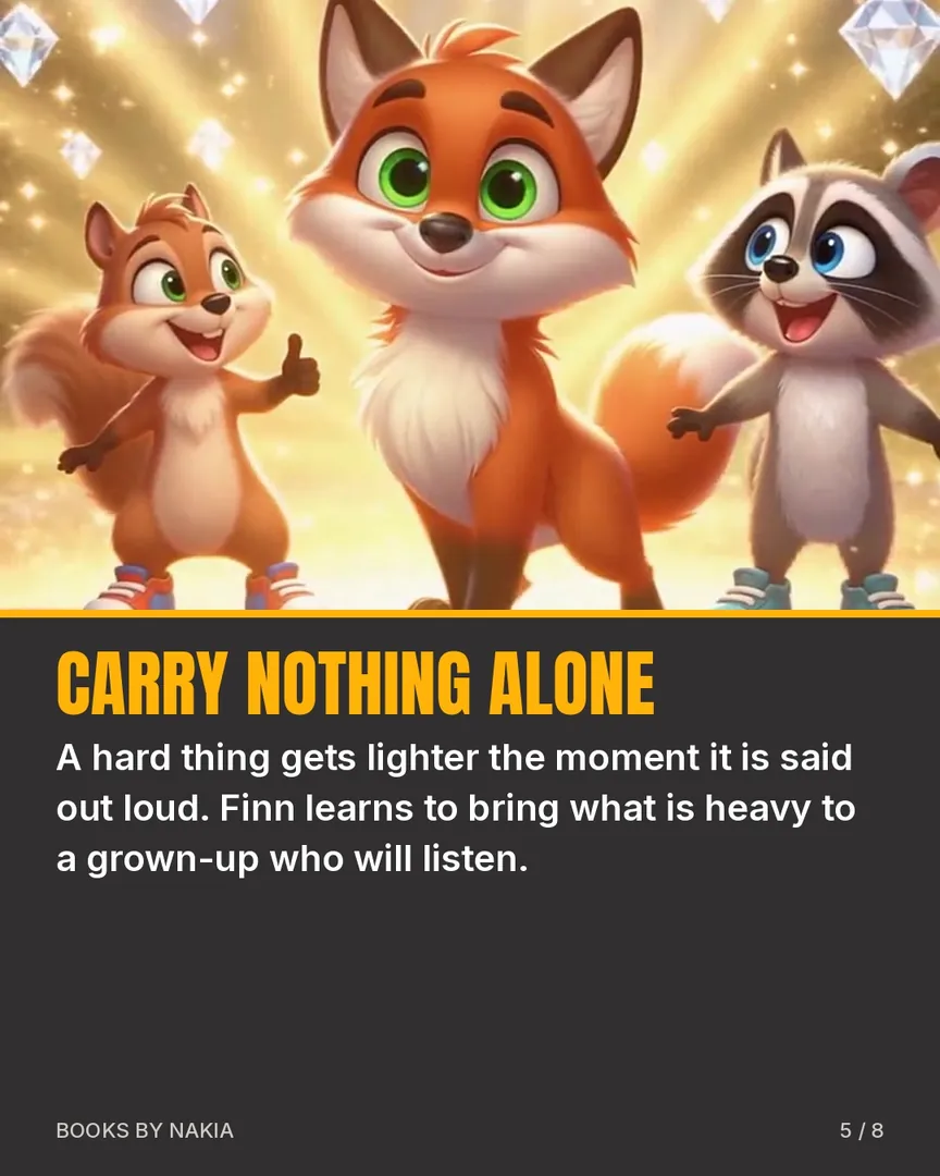 Carry nothing alone: Finn and his friends in warm light, with a line about the third book