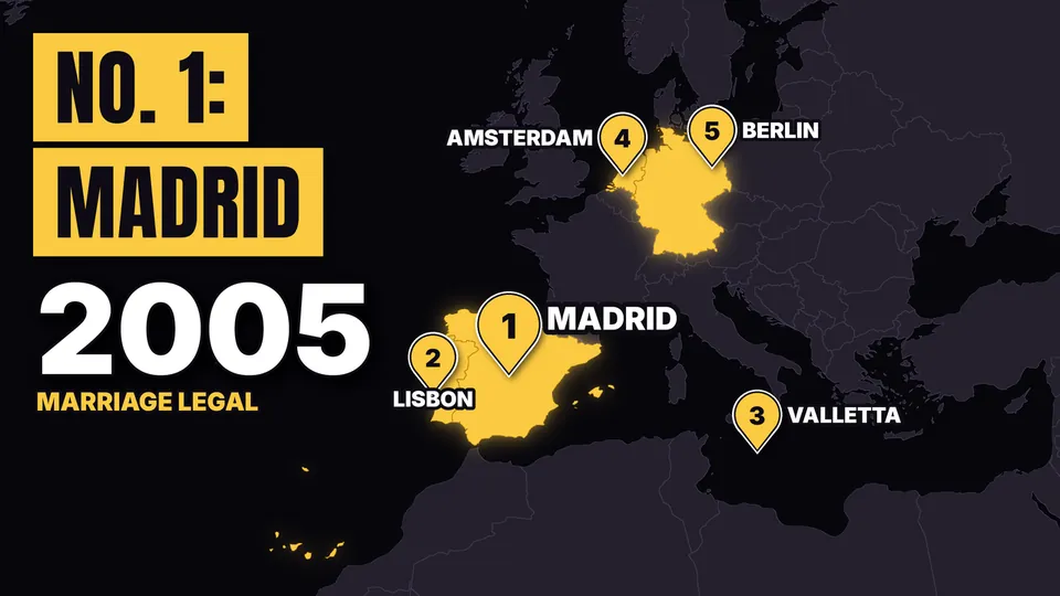 NO. 1: MADRID, 2005, marriage legal, over a night map of Europe with five numbered city pins