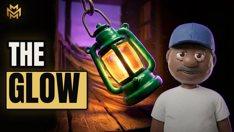 THE GLOW beside a green porch lantern shining purple light, and Calvin in clay on the right