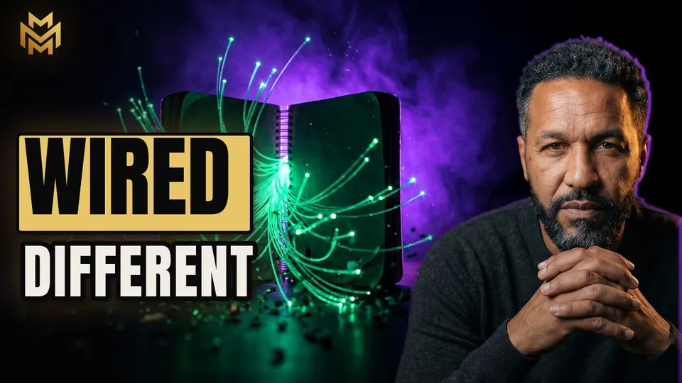 WIRED DIFFERENT beside green fibre-optic light spilling from a black box, with the host Eli on the right