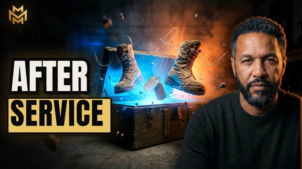 AFTER SERVICE beside a pair of combat boots lifting out of a glowing footlocker, with the host Eli on the right